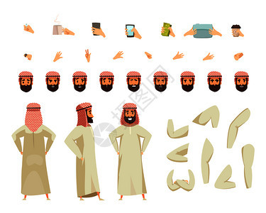 阿拉伯男子传统的白色长袍彩色头巾与现代配件选项构造器矢量插图阿拉伯男子构造器集图片