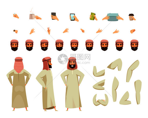 阿拉伯男子传统的白色长袍彩色头巾与现代配件选项构造器矢量插图阿拉伯男子构造器集图片