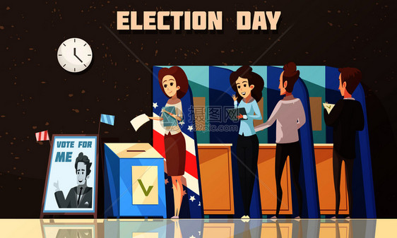 选举日政治海报,选民投票站投票,卡通构图,黑暗背景矢量插图政治选举投票卡通插图图片