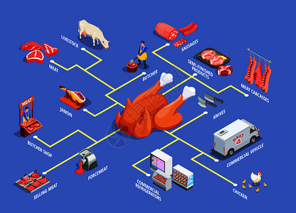 肉店等距流程图与牲畜,肉制品,商业冰箱车辆蓝色背景矢量插图肉店等距流程图图片