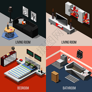 未来主义的家庭内部等距,包括客厅,卧室,浴室与高科技孤立矢量插图未来主义的家庭内部等距图片