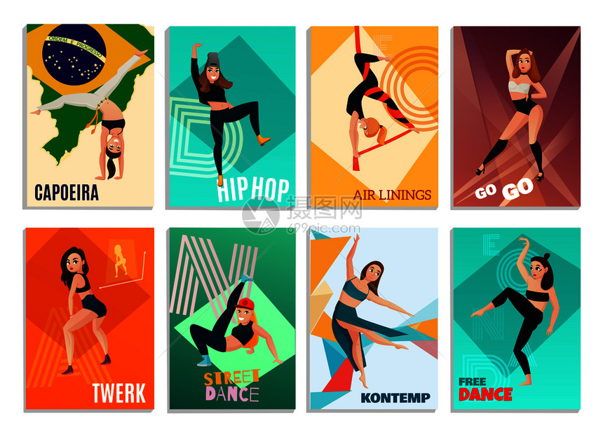 套垂直卡片与现代舞蹈,包括嘻哈,围棋,空中丝带孤立矢量插图现代舞蹈卡图片