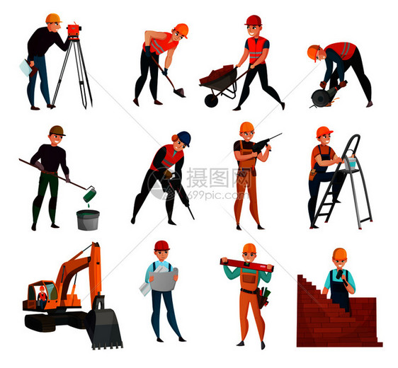 套建筑工人安全背心头盔与工作工具材料隔离矢量插图建筑工人集合图片