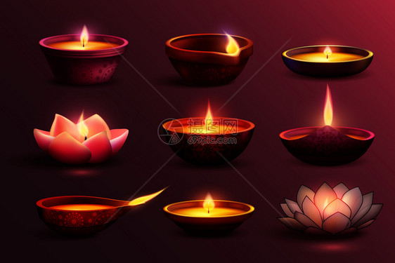 迪瓦利庆祝装饰彩色图像燃烧蜡烛同的图案形状矢量插图排灯节蜡烛套图片