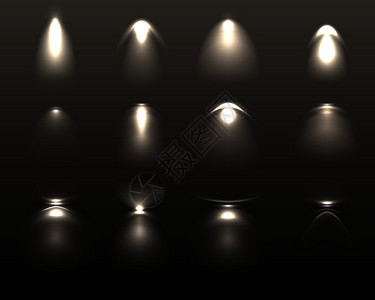 来自各种白色人工灯具的光效应集黑色背景孤立矢量插图上光效设定图片