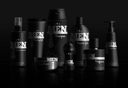 男化妆品系列黑色容器与品牌身份现实构图黑暗背景矢量插图男士化妆品系列写实构图图片