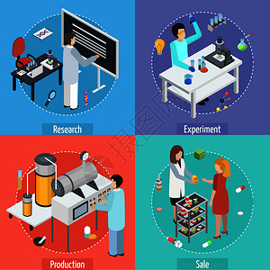 制药生产4等距图标正方形与科学研究测试,制造销售孤立矢量插图制药生产4个等距图标图片