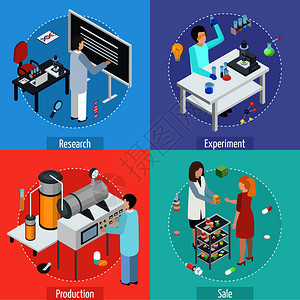 制药生产4等距图标正方形与科学研究测试,制造销售孤立矢量插图制药生产4个等距图标图片