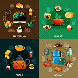 与红茶,饮酒仪式,早餐,杯子茶壶分离的颜色背景矢量插图茶的理念图片