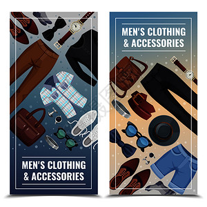 两个彩色男子配件垂直横幅男子服装配件描述矢量插图男士配件垂直横幅套图片
