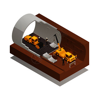 花艺白底等距构图与地下隧道施工过程的白底三维矢量插图隧道施工成