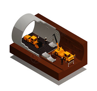 等距构图与地下隧道施工过程的白底三维矢量插图隧道施工成图片