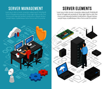 数据中心垂直横幅与服务器管理服务器设备的元素等距流程图矢量插图数据中心等距垂直横幅图片