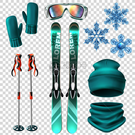 浅蓝色逼真的滑雪冬季图标雪花体育活动设备矢量插图滑雪冬季图标图片