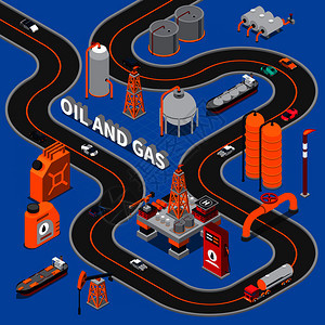 石油天然气等距成的蓝色背景与各种运输,道路,工业设施,罐矢量插图石油天然气等距成图片
