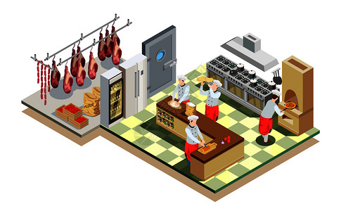 专业烹饪人员厨师皮萨约罗等距人成,与大餐厅厨房环境厨房设备工人矢量插图餐厅厨房等距成图片
