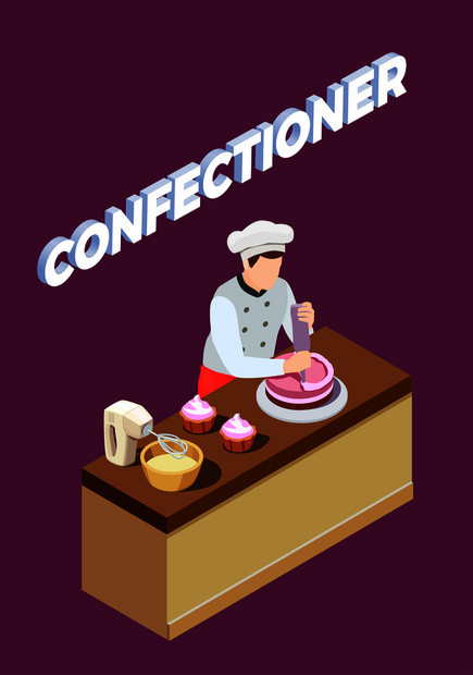 专业烹饪人员厨师皮萨约洛等距的人成与人类格的糖果制造商工作矢量插图糕点厨师等距背景图片