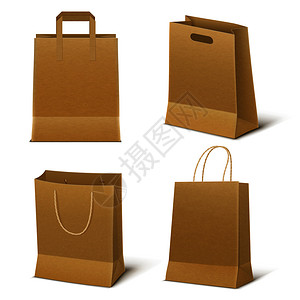 套四个空购物袋,由棕色纸制成,风格逼真,矢量插图空纸购物袋套图片