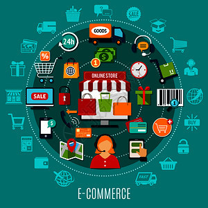 电子商务平与互联网购物元素围绕网上商店图标的绿松石背景矢量插图电子商务扁平化图片