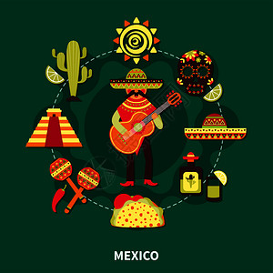 前往墨西哥墨西哥传统服装乐器饮料建筑平矢量插图墨西哥旅行插图图片