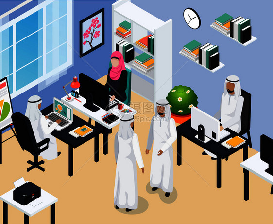 沙特人工作场所现代办公室交流期间用蓝墙等距构图矢量插图沙特人办公室的成图片