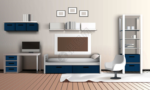 私人房间现实的三维内部与现代客厅蓝色白色的配色方案与国内工艺矢量插图保持房间公寓的成图片
