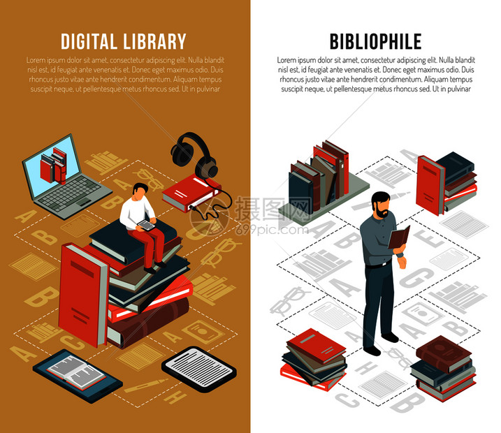 套两个垂直等距的书籍阅读横幅与书目爱好者的人类人物书籍小工具流程图矢量插图图书馆网络垂直横幅图片