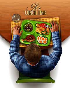 男人背后的木制桌子与盒饭鸡肉土豆泥,顶部视图矢量插图盒装午餐男子插图图片