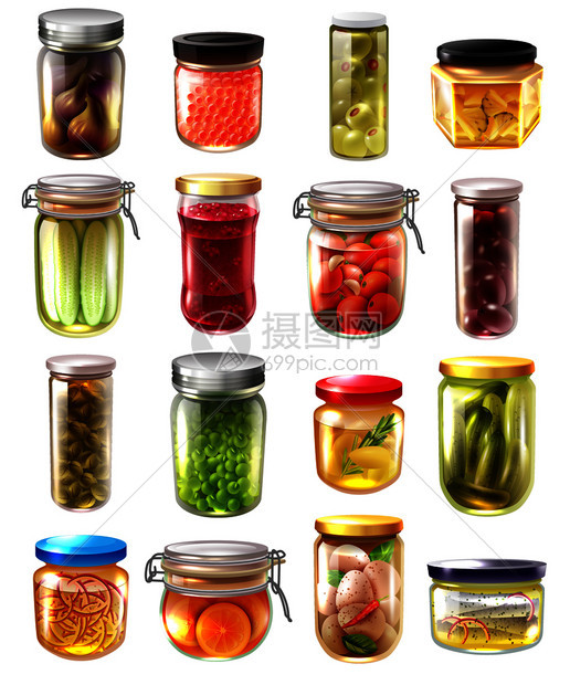 套罐头食品璃瓶与水果果酱,腌制蔬菜,鱼,鱼子酱分离矢量插图罐头食品套装图片