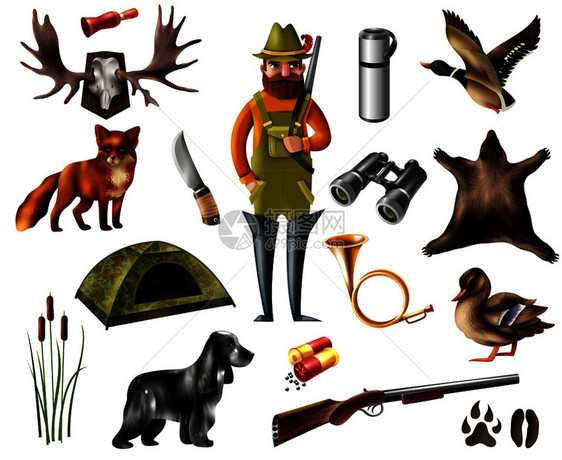 套狩猎图标与胡须男子,猎犬,野生动物,脚印,帐篷,奖杯矢量插图狩猎图标集图片