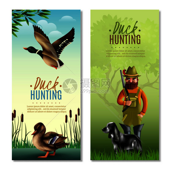 猎鸭垂直横幅,包括带猎狗的人,自然背景上的鸟类矢量插图猎鸭垂直横幅图片