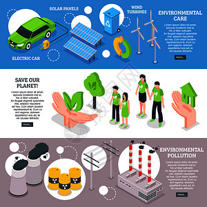 等距生态水平横幅与成的环境护理图像文本与更多的按钮矢量插图环境关注横幅图片