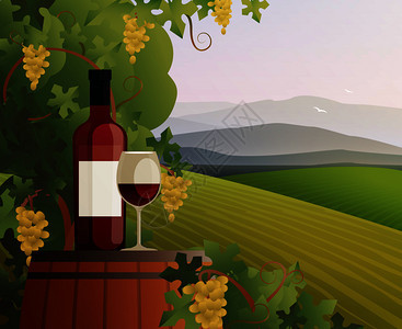 葡萄酒葡萄园的与山脉丘陵梯度平矢量插图葡萄酒葡萄园插图图片
