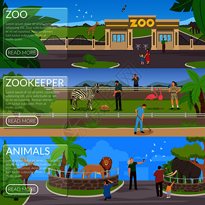 动物园平水平横幅与游客动物笼子动物园管理员参与清洁区域宠物护理矢量插图动物园平横横幅图片