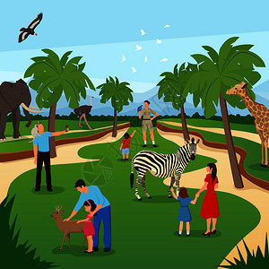 动物园卡通背景与热带动物人们参观拍摄平矢量插图动物园卡通背景图片