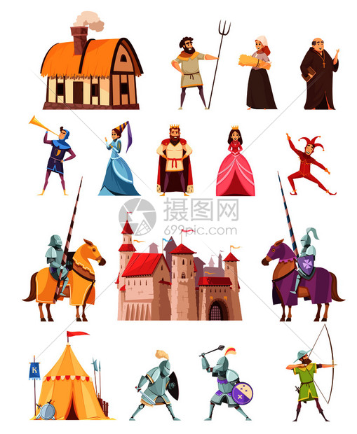 中世纪人物,历史建筑,卡通形象,城堡,帐篷,农民,国王,骑士公主,矢量插图中世纪人物建筑图标图片