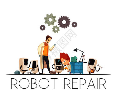 机器人人类队修复卡通构图与男合作移动自主机器人辅助矢量插图机器人队修复卡通构图图片