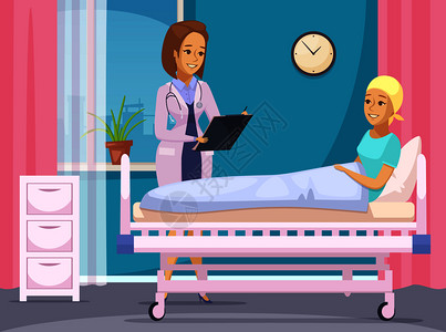肿瘤学患者平成与医生交谈,轻妇女躺医疗床后,手术矢量插图医生访问肿瘤学病人图片