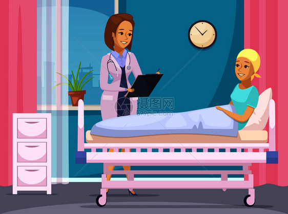 肿瘤学患者平成与医生交谈,轻妇女躺医疗床后,手术矢量插图医生访问肿瘤学病人图片