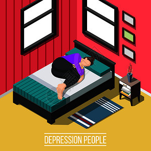 抑郁的人等距背景与孤独的悲伤的女人躺床上弯曲的位置矢量插图抑郁症患者等距背景图片