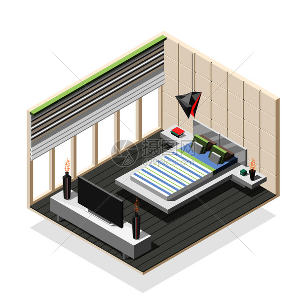 未来主义卧室内部等距构图,白色灰色与床,夜桌,电视矢量插图未来主义卧室内部等距构图图片