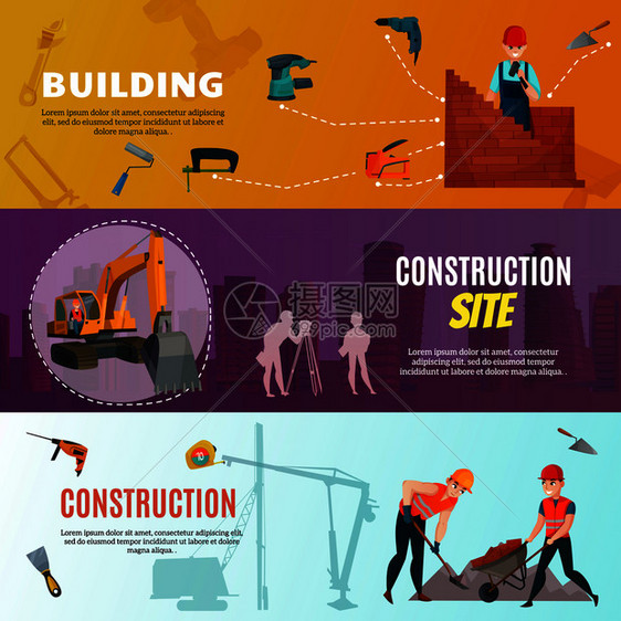 水平横幅与建筑工地,建筑工人与材料工具隔离矢量插图建筑工人水平横幅图片