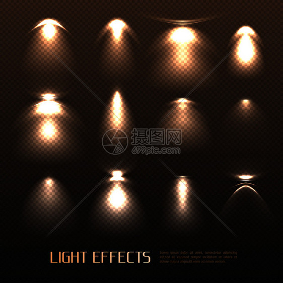 来自电灯的各种强度透明背景孤立矢量插图的光效应集光效设定图片