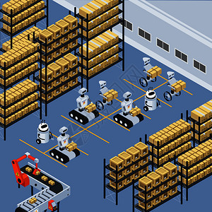 自动化物流仓库存储设施等距成与无人机器人排序移动放置包裹矢量插图自动物流配送等距背景图片