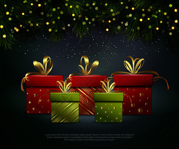 诞礼物海报与红色绿色盒子,云杉树枝灯光现实矢量插图诞礼物海报图片