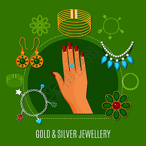 金银珠宝成,包括女手与戒指,手镯,胸针绿色背景矢量插图金银珠宝构成图片