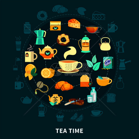 茶时间圆形构图与热饮,杯子,茶壶,牛奶,糕点深蓝色背景矢量插图茶时间圆形构图图片