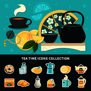茶时间图标收集与杯子,锅,风扇,糖,牛奶,柠檬绿叶分离矢量插图茶时间图标收集图片