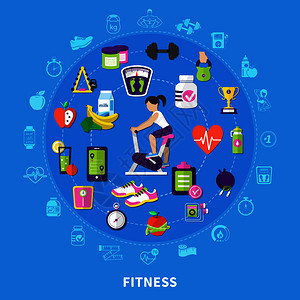 健身圆平成与妇女运动自行车,运动设备,营养蓝色背景矢量插图健身圆平成图片