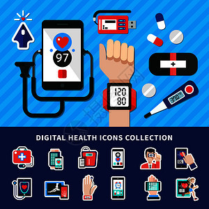 数字健康平横幅图标收集与医疗电子移动可穿戴个人诊断设备符号矢量插图数字医疗平图标收集图片
